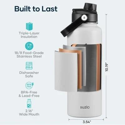 Buzio Duet Series Water Bottle with 2 Lids and Sleeve 1.2L - White